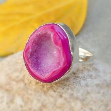 Pink Drusy Ring, Natural Geode Ring - Bezel Ring - Pink Stone Ring - Handmade Silver Ring - Stack Ring - Geode Ring - Pink Gemstone Ring