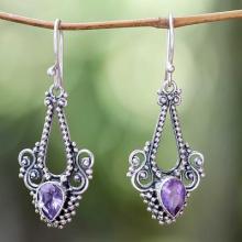 Pisces Amethyst Birthstone on Sterling Silver Hook Earrings, 'Balinese Glitz'