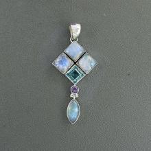 Rainbow Moonstone, Blue Topaz & Amethyst Pendant, Solid Sterling Silver Jewelry, Natural Multi Gemstone Pendant