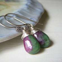 Ruby in Zoisite Earrings on Sterling Silver, Wirewrapped Teardrop Burgundy Gemstone Briolette Minimalist Dangle