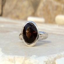 Smokey Quartz Zircon Silver Hammered Finish Round Stone Ring, Bezel Set Ring, Dark Brown Zircon Gemstone Ring