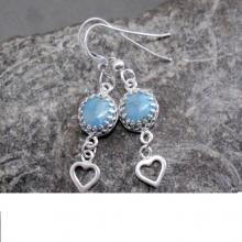 Sterling silver and turquoise dangle earrings , Sterling silver heart earrings , Turquoise cabochon earrings , Turquoise gemstone earrings