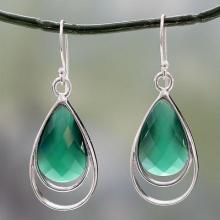 Teardrop Shaped Green Onyx Dangle Earrings, 'Delhi Glam'