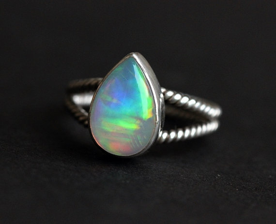 white Gold Opal ring - Natural Opal Ring - Engagement ring - Artisan ring - October birthstone - Bezel ring